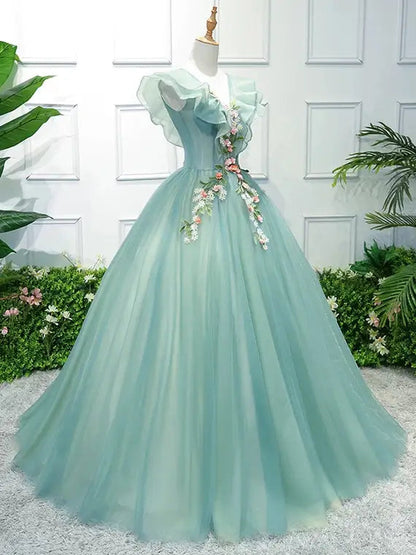 Light Green Floral Sweet 15 Dress Ball Gown Princess Prom Dresses FD1039-prom dresses 2025 -Viniodress-Light Green-Custom Size-