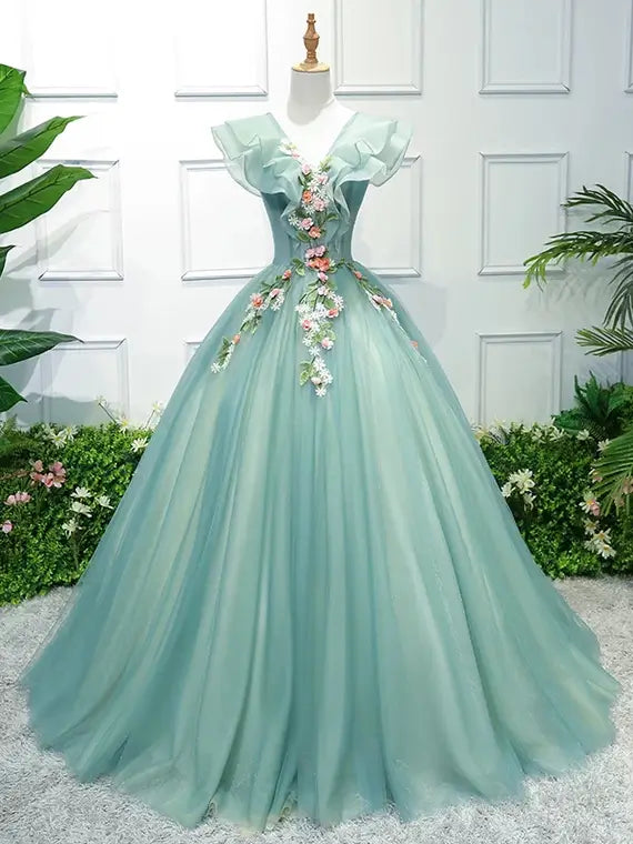 Light Green Floral Sweet 15 Dress Ball Gown Princess Prom Dresses FD1039-prom dresses 2025 -Viniodress-Light Green-Custom Size-