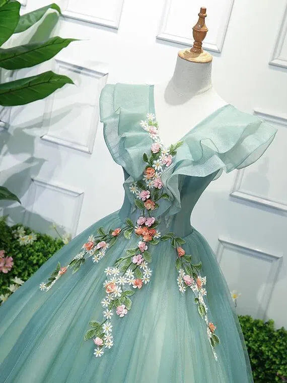 Light Green Floral Sweet 15 Dress Ball Gown Princess Prom Dresses FD1039-prom dresses-Viniodress-Viniodress