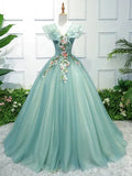 prom dresses 2025 Light Green Floral Sweet 15 Dress Ball Gown Princess Prom Dresses FD1039-plus size wedding dresses Viniodress-Light Green-Custom Size-