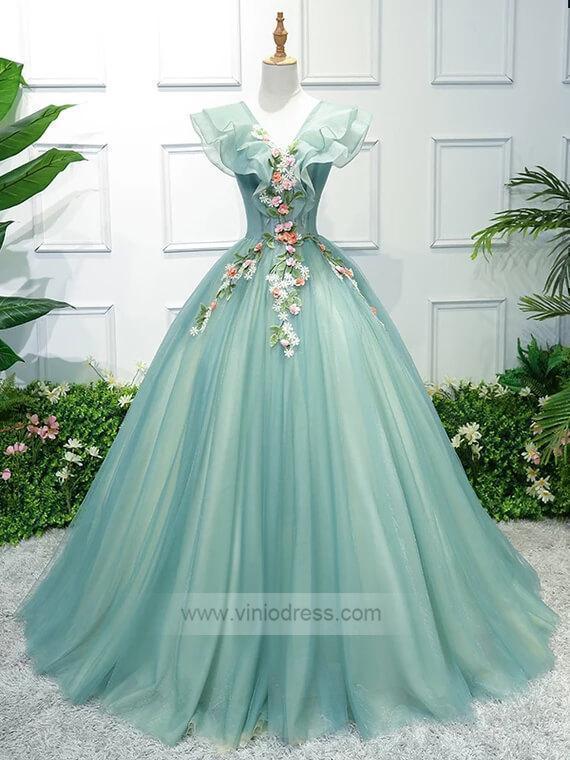 Light Green Floral Sweet 15 Dress Ball Gown Princess Prom Dresses FD1039-prom dresses-Viniodress-Light Green-Custom Size-Viniodress