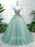 Light Green Floral Sweet 15 Dress Ball Gown Princess Prom Dresses FD1039