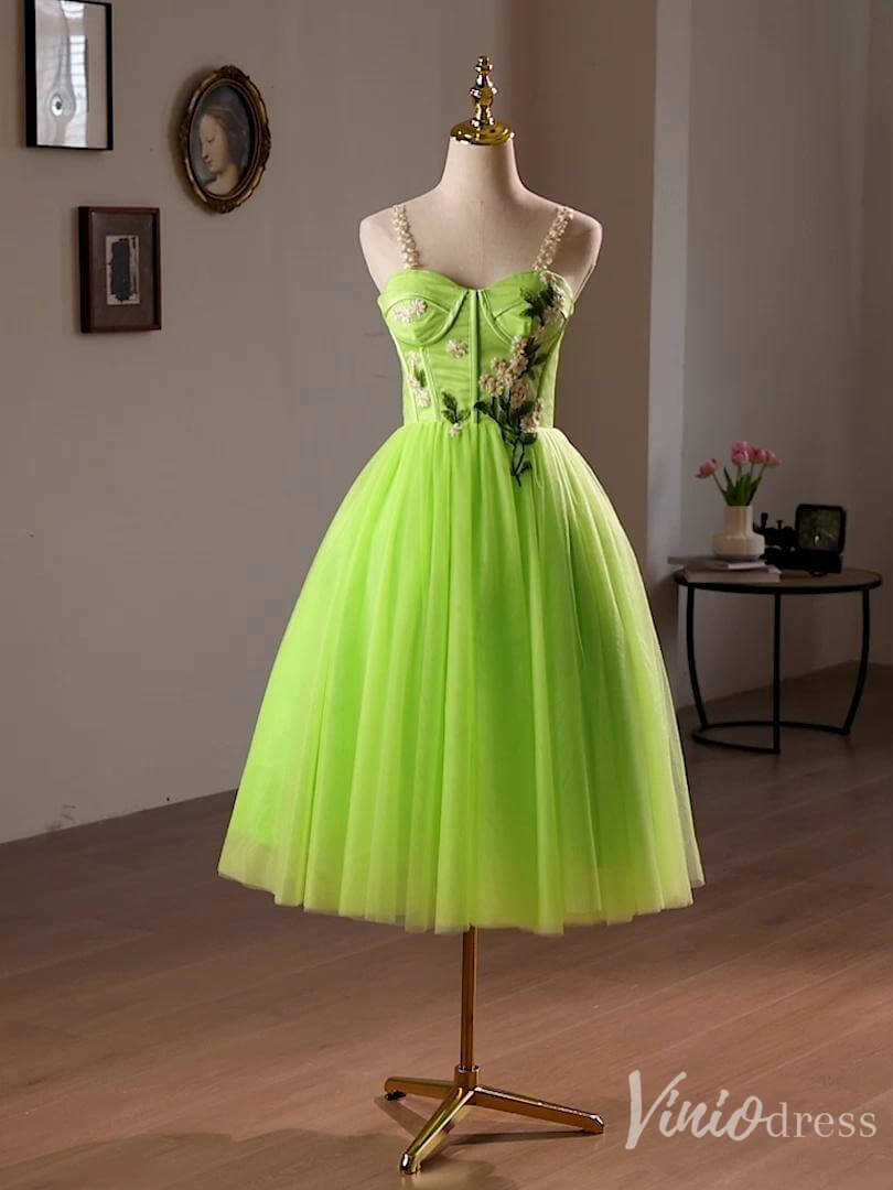 Light Green Lace Applique Homecoming Dress Spaghetti Strap Back to School Dress 8023-prom dresses 2025 -Viniodress-Light Green-Custom Size-