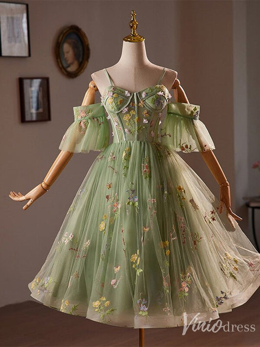 Light Green Lace Applique Homecoming Dress Spaghetti Strap Hoco 2024 Back to School Dress 8014-prom dresses 2025 -Viniodress-Light Green-Custom Size-