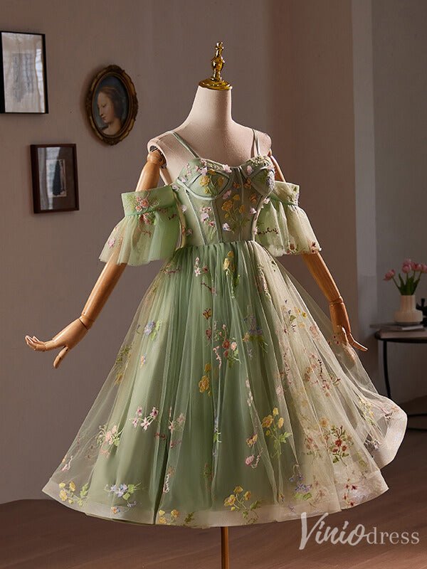 Light Green Lace Applique Homecoming Dress Spaghetti Strap Hoco 2024 Back to School Dress 8014-prom dresses 2025 -Viniodress-Light Green-Custom Size-