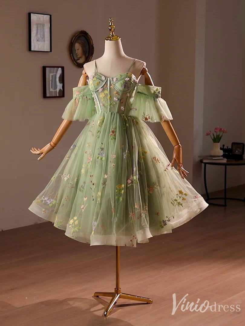 Light Green Lace Applique Homecoming Dress Spaghetti Strap Hoco 2024 Back to School Dress 8014-prom dresses 2025 -Viniodress-Light Green-Custom Size-