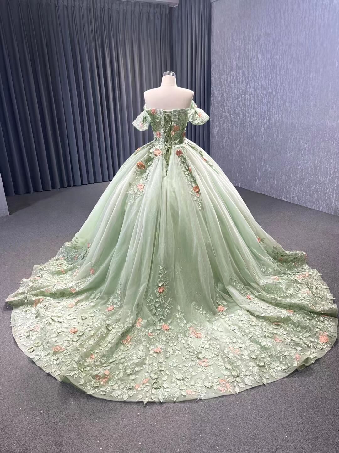 Light Green Lace Applique Sweet 16 Ball Gowns Off the Shoulder Wedding Viniodress Light Green Lace Applique Sweet 16 Ball Gowns Off the Shoulder Wedding Viniodress