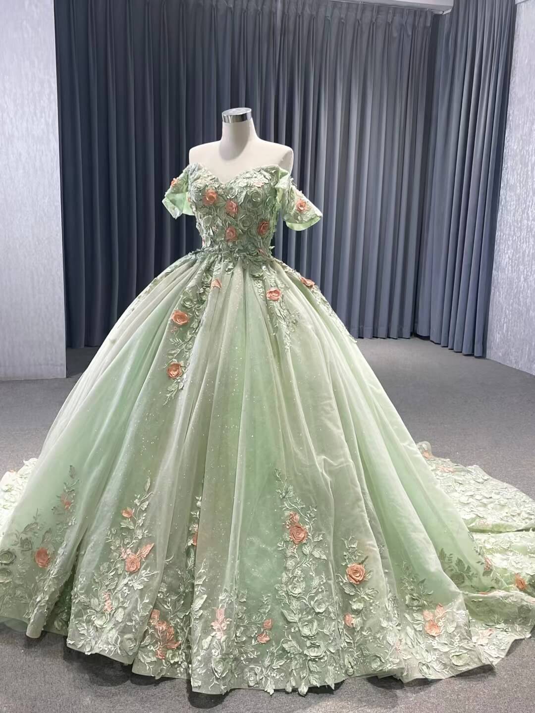 Light Green Lace Applique Sweet 16 Ball Gowns Off the Shoulder Wedding Viniodress Light Green Lace Applique Sweet 16 Ball Gowns Off the Shoulder Wedding Viniodress