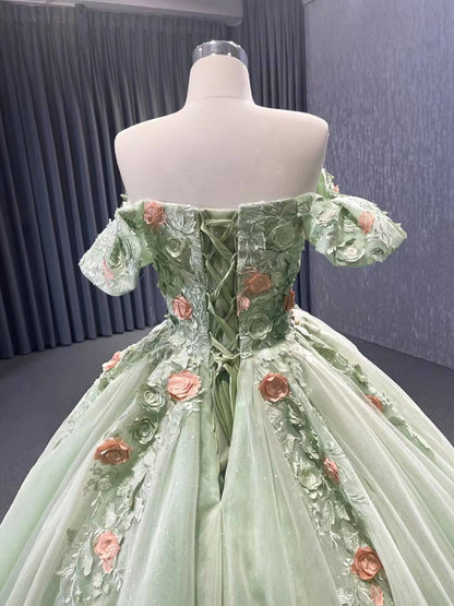 Light Green Lace Applique Sweet 16 Ball Gowns Off the Shoulder Wedding Dresses 222240B-Quinceanera Dresses 2025 -Viniodress-Light Green-Custom Size-