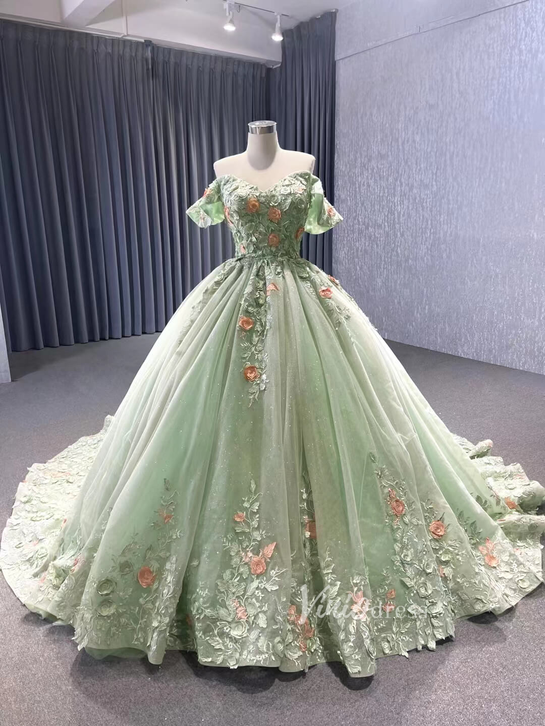 Light Green Lace Applique Sweet 16 Ball Gowns Off the Shoulder Wedding Dresses 222240B-Quinceanera Dresses 2025 -Viniodress-Light Green-Custom Size-