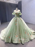 Light Green Lace Applique Sweet 16 Ball Gowns Off the Shoulder Wedding Dresses 222240B