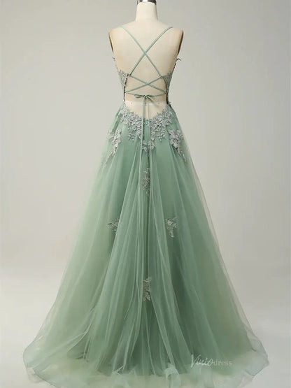 Light Green Lace Prom Dresses with Slit, V-Neck & Spaghetti Strap - FD5156-prom dresses 2025 -Viniodress-Light Green-Custom Size-