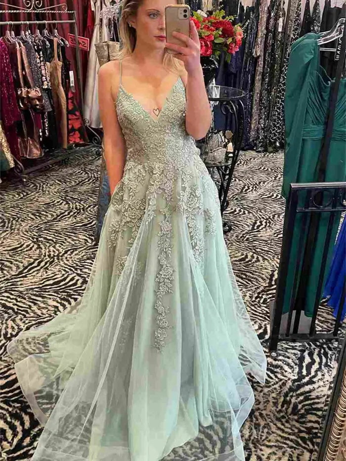 Light Green Lace Prom Dresses with Slit, V-Neck & Spaghetti Strap - FD   Viniodress