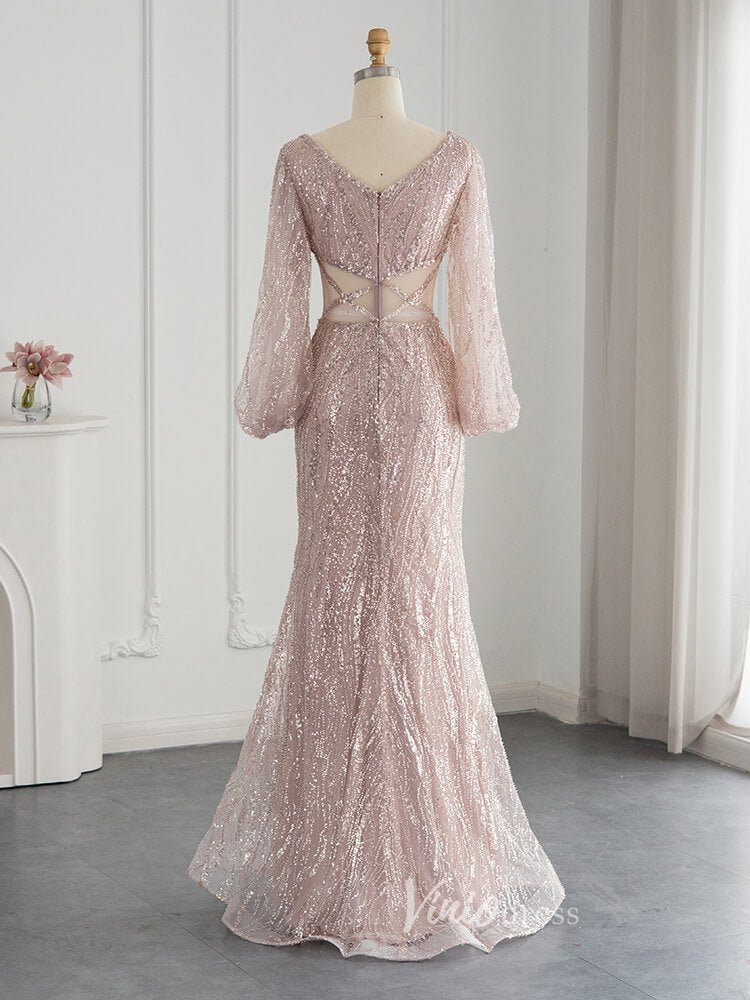 Light Green Mermaid Prom Dresses Beaded Puff Sleeve Evening Dress 20095-Evening Dresses 2025 -Viniodress-Light Green-US 2-