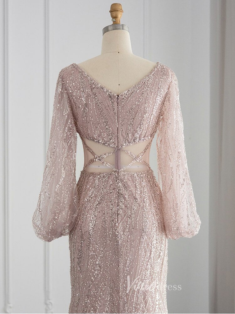 Light Green Mermaid Prom Dresses Beaded Puff Sleeve Evening Dress 20095-Evening Dresses 2025 -Viniodress-Light Green-US 2-