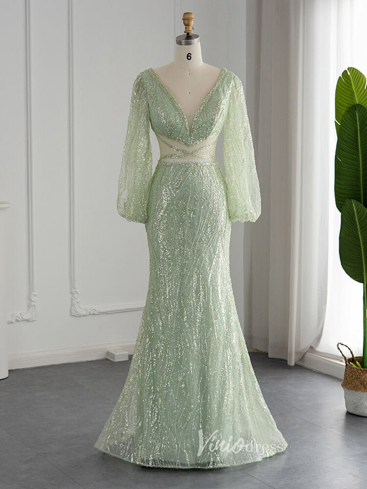 Light Green Mermaid Prom Dresses Beaded Puff Sleeve Evening Dress 20095-Evening Dresses 2025 -Viniodress-Light Green-US 2-