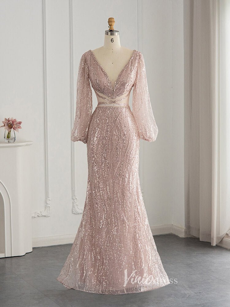 Light Green Mermaid Prom Dresses Beaded Puff Sleeve Evening Dress 20095-Evening Dresses 2025 -Viniodress-Pink-US 2-