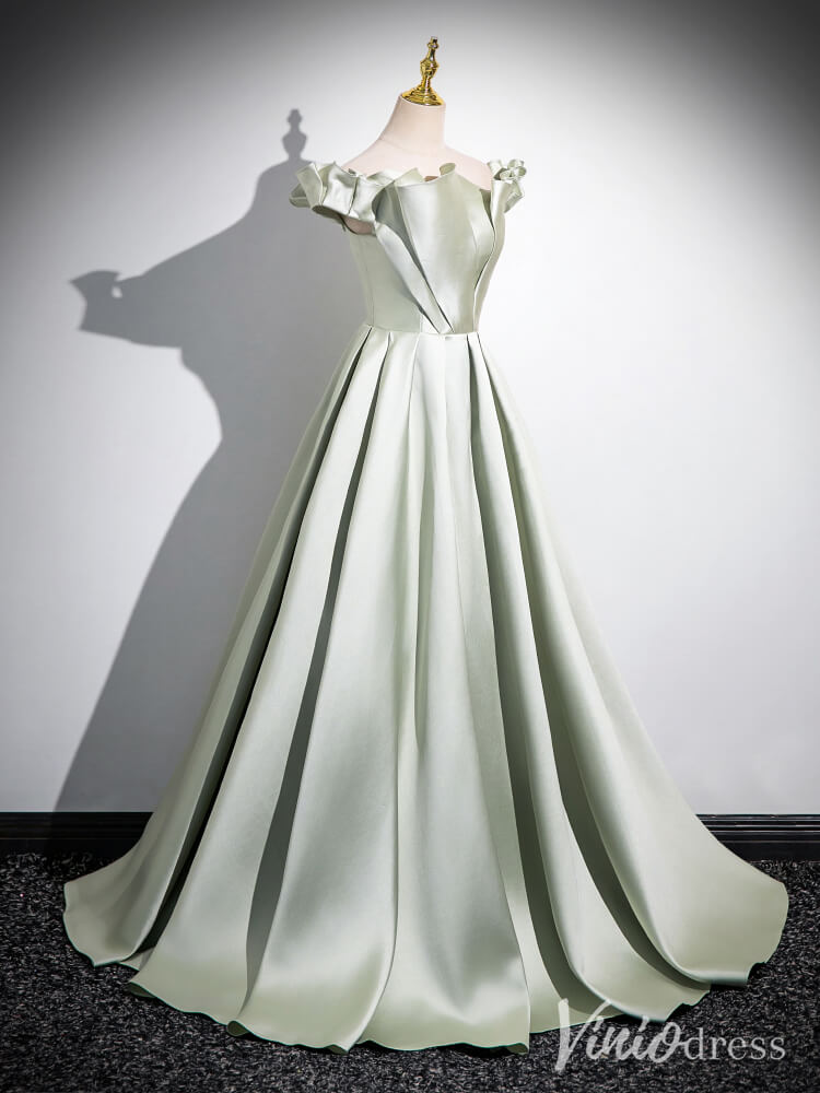 Light Green Off the Shoulder Prom Dresses A-Line Satin Formal Dress AD1333-prom dresses 2025 -Viniodress-Green-Custom Size-
