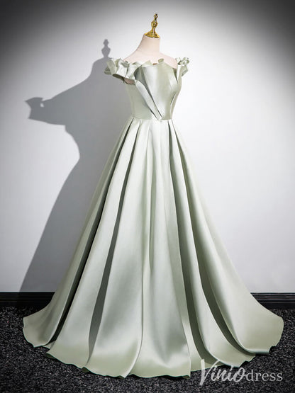 Light Green Off the Shoulder Prom Dresses A-Line Satin Formal Dress AD1333-prom dresses 2025 -Viniodress-Green-Custom Size-