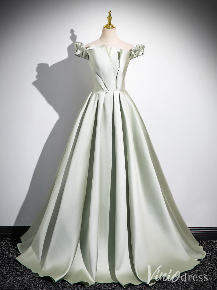 Light Green Off the Shoulder Prom Dresses A-Line Satin Formal Dress AD1333-prom dresses 2025 -Viniodress-Green-Custom Size-