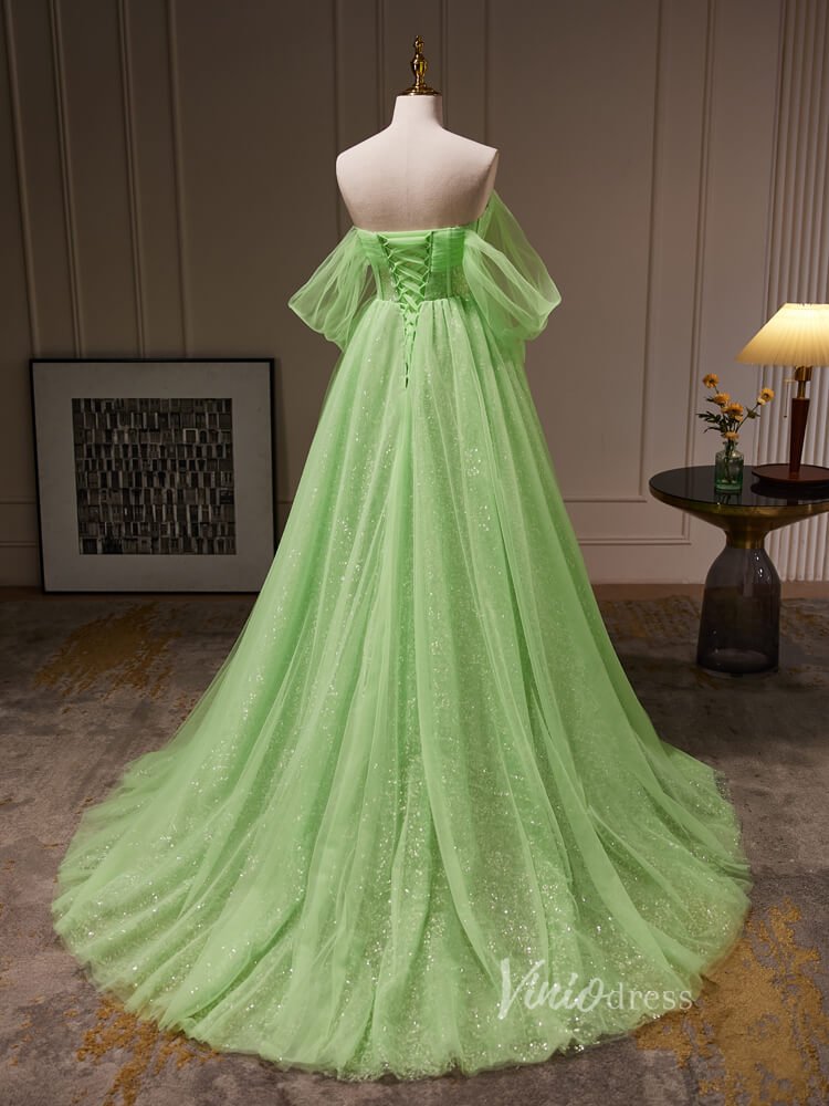 Light Green Off the Shoulder Tulle Prom Dresses Long Sparkly Formal Gown BJ034-prom dresses 2025 -Viniodress-Green-Custom Size-