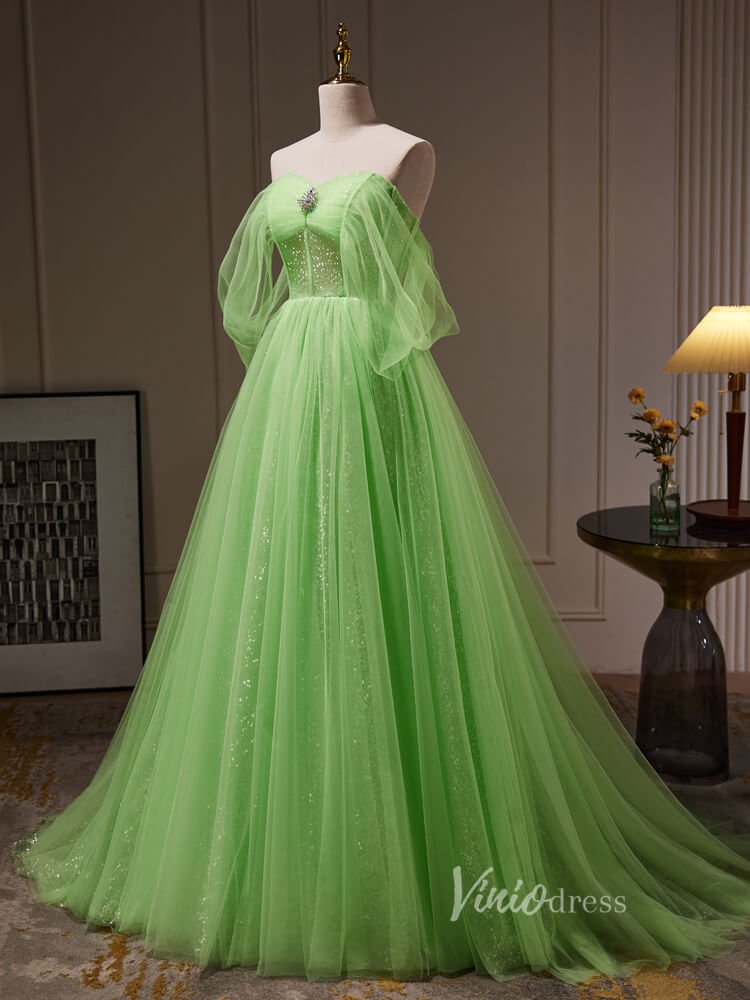 Light Green Off the Shoulder Tulle Prom Dresses Long Sparkly Formal Gown BJ034-prom dresses 2025 -Viniodress-Green-Custom Size-