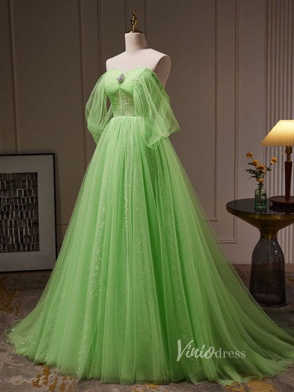 Light Green Off the Shoulder Tulle Prom Dresses Long Sparkly Formal Gown BJ034-prom dresses 2025 -Viniodress-Green-Custom Size-