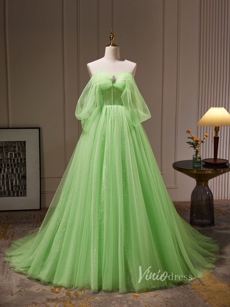 Light Green Off the Shoulder Tulle Prom Dresses Long Sparkly Formal Gown BJ034-prom dresses 2025 -Viniodress-Green-Custom Size-
