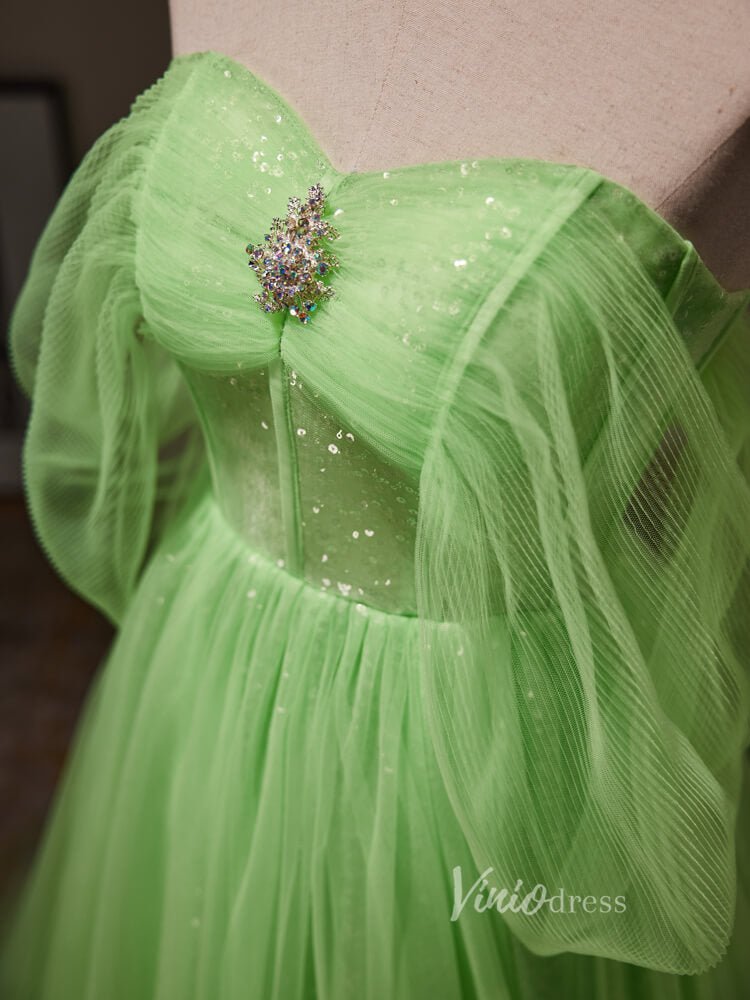 Light Green Off the Shoulder Tulle Prom Dresses Long Sparkly Formal Gown BJ034 - Viniodressprom dressesGreenCustom Size - Formal Dresses - Ball Gowns