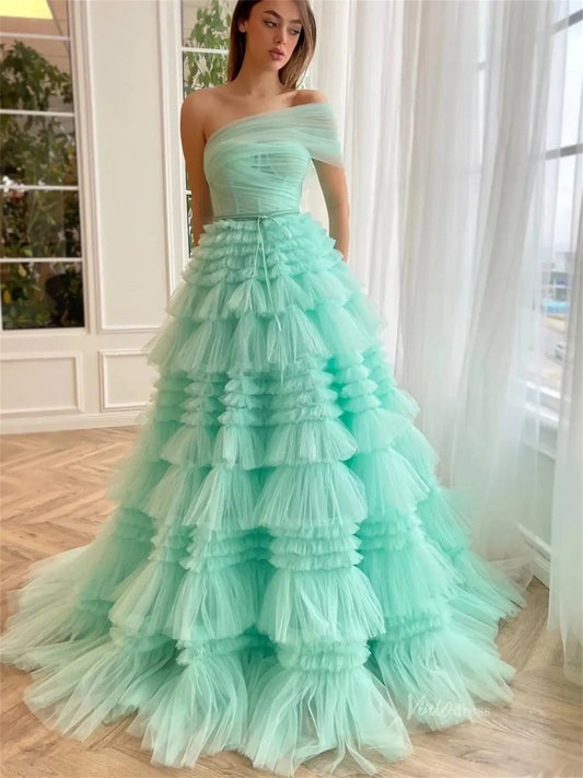 Light Green Pleated Tulle Prom Dresses with One Shoulder & Tiered Bottom - TO0008 - Viniodressprom dressesGreenCustom Size - Formal Dresses - Ball Gowns