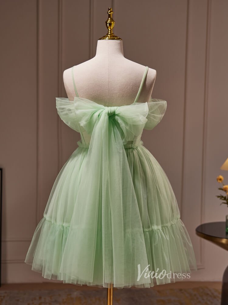 Light Green Pleated Tulle Spaghetti Strap Homecoming Dresses Lace Applique BJ035-prom dresses 2025 -Viniodress-Light Green-Custom Size-