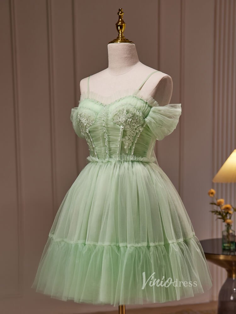 Light Green Pleated Tulle Spaghetti Strap Homecoming Dresses Lace Applique BJ035-prom dresses 2025 -Viniodress-Light Green-Custom Size-