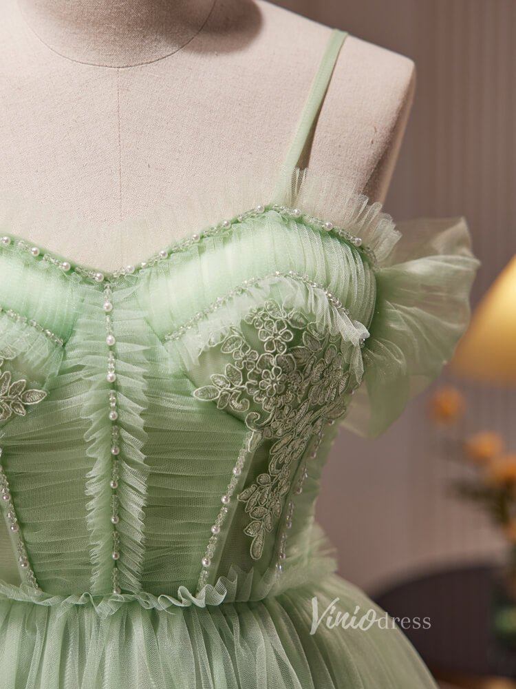 Light Green Pleated Tulle Spaghetti Strap Homecoming Dresses Lace Applique BJ035-prom dresses 2025 -Viniodress-Light Green-Custom Size-