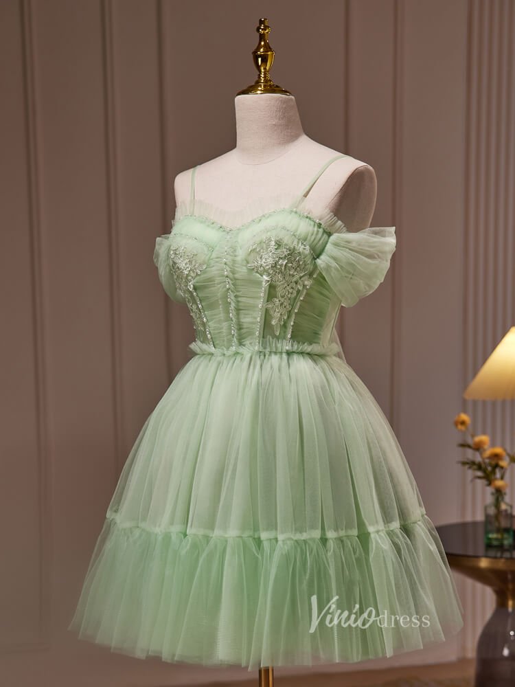 Light Green Pleated Tulle Spaghetti Strap Homecoming Dresses Lace Applique BJ035 - Viniodressprom dressesLight GreenCustom Size - Formal Dresses - Ball Gowns