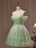 Light Green Pleated Tulle Spaghetti Strap Homecoming Dresses Lace Applique BJ035-prom dresses-Viniodress-Viniodress