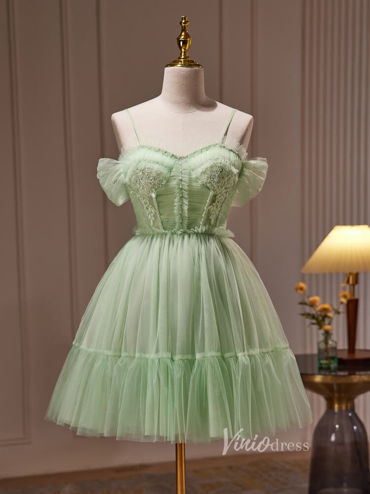 Light Green Pleated Tulle Spaghetti Strap Homecoming Dresses Lace Applique BJ035 - Viniodressprom dressesLight GreenCustom Size - Formal Dresses - Ball Gowns