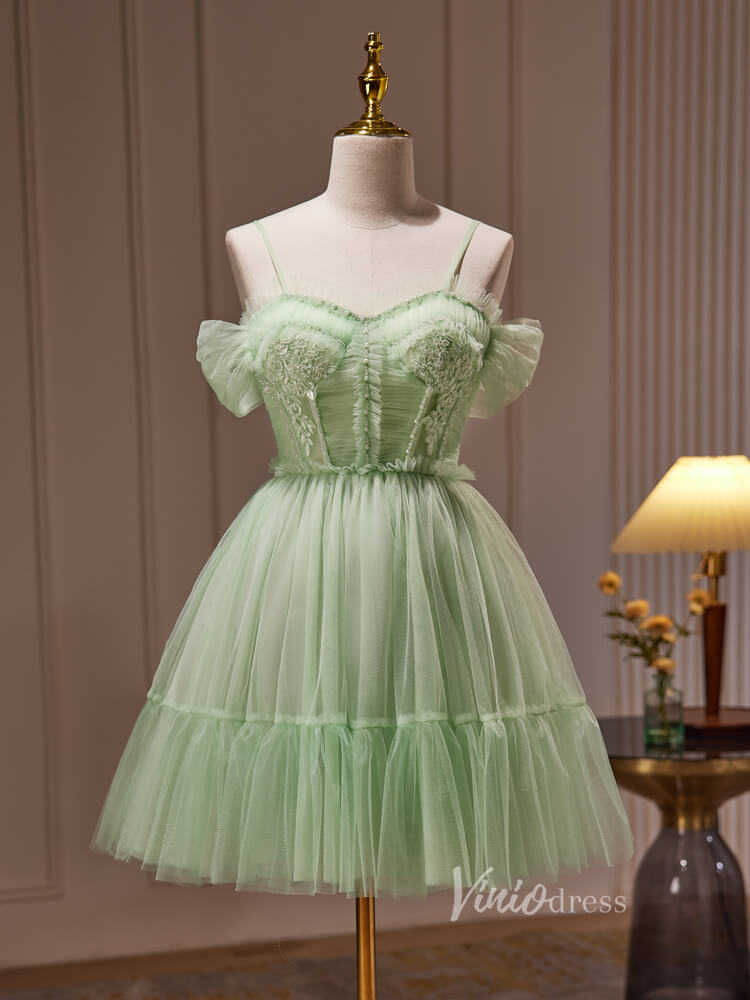 Light Green Pleated Tulle Spaghetti Strap Homecoming Dresses Lace Applique BJ035-prom dresses-Viniodress-Light Green-Custom Size-Viniodress