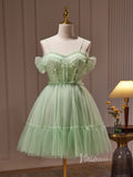 Light Green Pleated Tulle Spaghetti Strap Homecoming Dresses Lace Applique BJ035