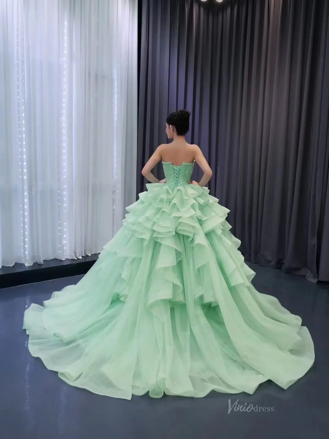 Light Green Ruffle Wedding Gown Beaded Strapless Quinceanera Dress 241 –  Viniodress