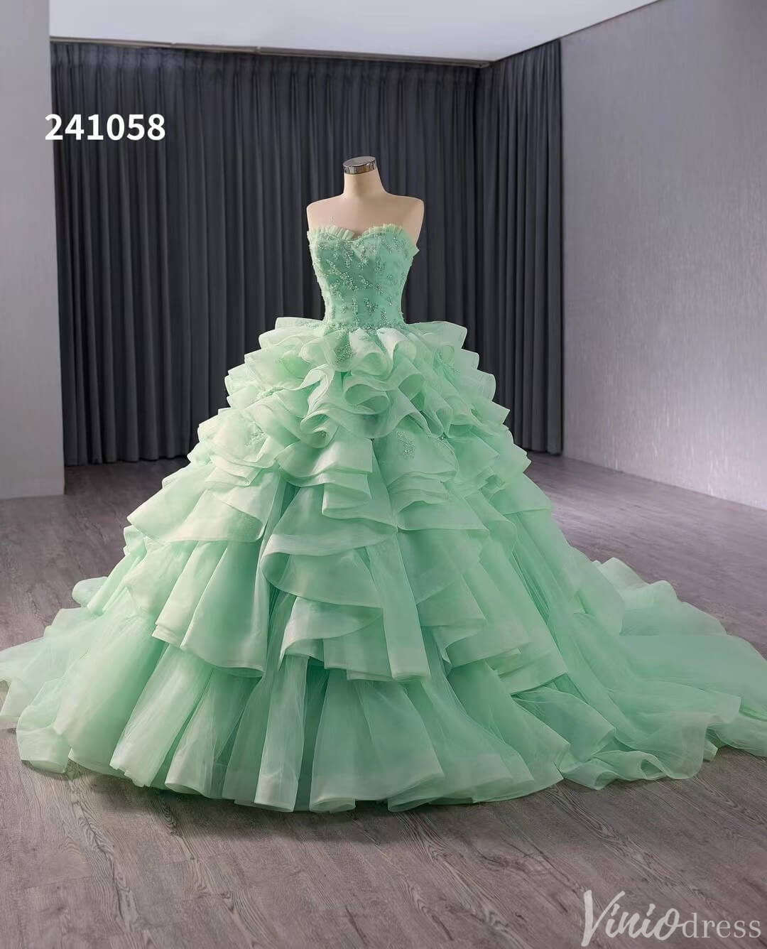 Green Strapless Ruffled Tiered Wedding Gown Beaded Lace Quinceanera Dress 241058-Quinceanera Dresses-Viniodress-Viniodress