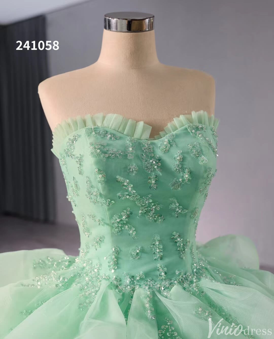 Green Strapless Ruffled Tiered Wedding Gown Beaded Lace Quinceanera Dress 241058-Quinceanera Dresses-Viniodress-Viniodress