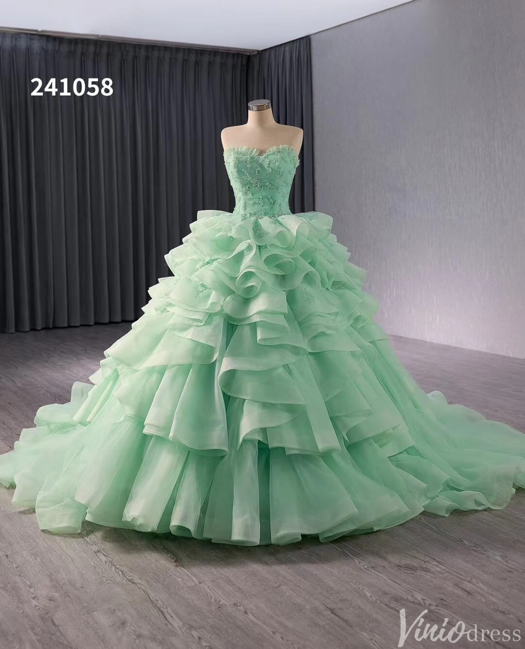 Green Strapless Ruffled Tiered Wedding Gown Beaded Lace Quinceanera Dress 241058-Quinceanera Dresses-Viniodress-Green-Custom Size-Viniodress