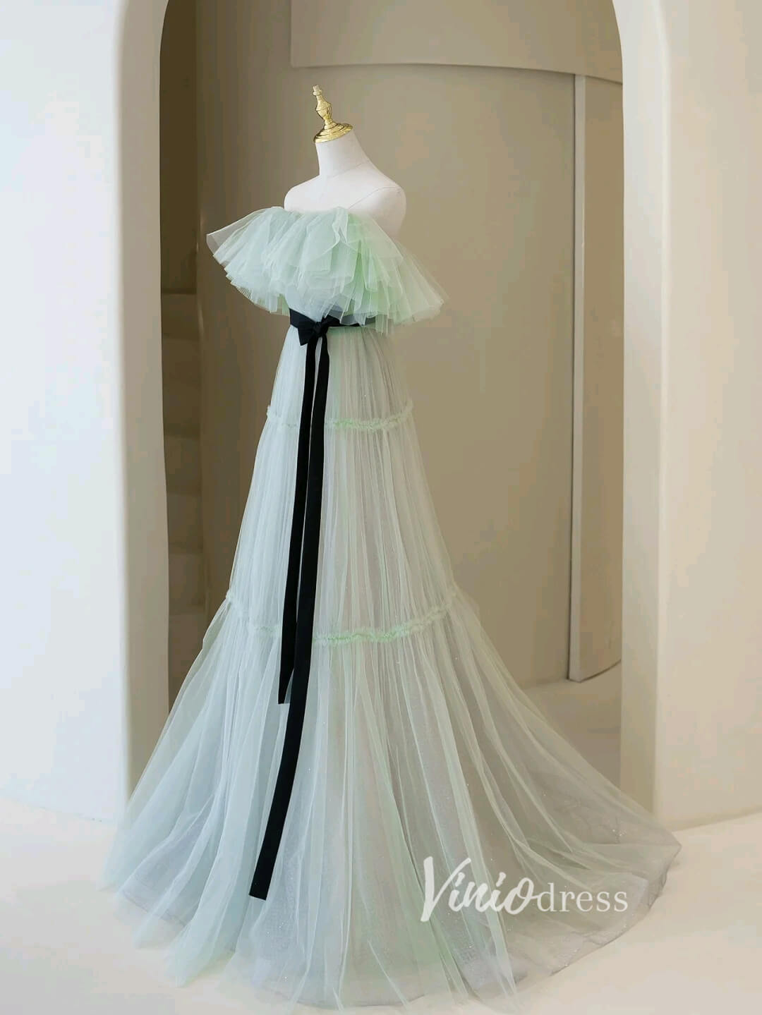 Prom Dress 2025 Light Green Ruffled Tulle Prom Dresses Off the Shoulder Evening Gown FD3418-unique prom dresses-Light Green-Custom Size-Viniodress