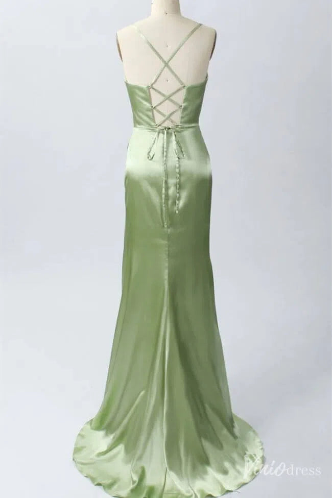 Prom Dress 2025 Light Green Satin Cheap Prom Dresses with Slit Cowl Neck Spaghetti Strap FD1635-unique prom dresses-Light Green-Custom Size-Viniodress