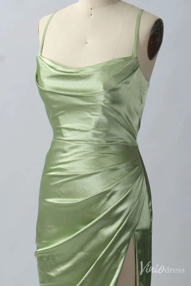 Prom Dress 2025 Light Green Satin Cheap Prom Dresses with Slit Cowl Neck Spaghetti Strap FD1635-unique prom dresses-Light Green-Custom Size-Viniodress