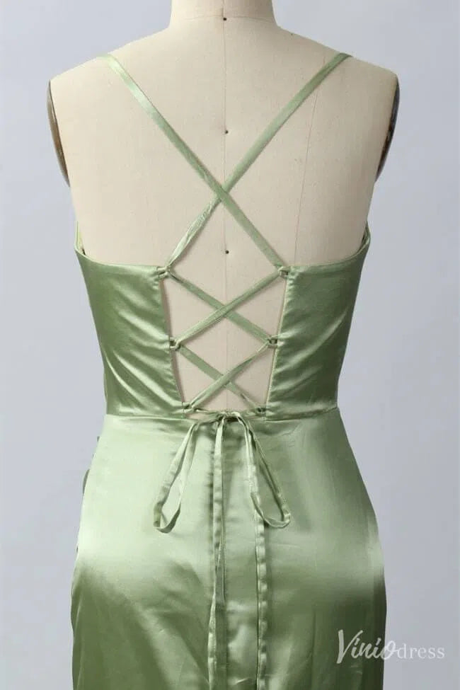 Prom Dress 2025 Light Green Satin Cheap Prom Dresses with Slit Cowl Neck Spaghetti Strap FD1635-unique prom dresses-Light Green-Custom Size-Viniodress