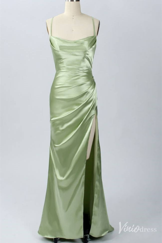 Light Green Satin Cheap Prom Dresses with Slit Cowl Neck Spaghetti Strap FD1635-prom dresses-Viniodress-Light Green-Custom Size-Viniodress