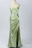 Light Green Satin Cheap Prom Dresses with Slit Cowl Neck Spaghetti Strap FD1635