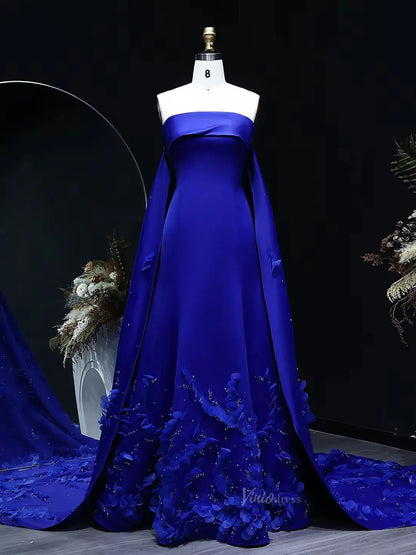 Light Green Satin Prom Dresses Elegant Cape Train Formal Dresses with 3D Flowers BD041-Evening Dresses 2025 -Viniodress-Blue-US 2-