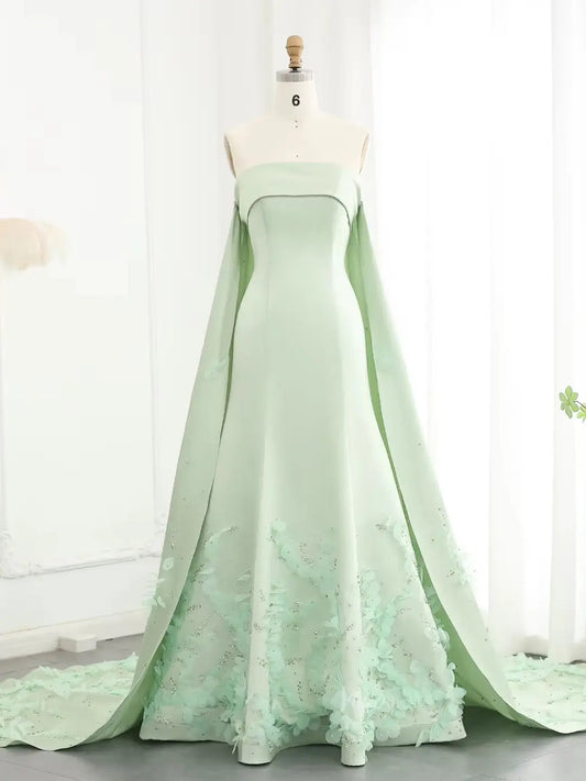 prom dresses 2025 Light Green Satin Prom Dresses Elegant Cape Train Formal Dresses with 3D Flowers BD041-plus size wedding dresses Viniodress-Light Green-US 2-